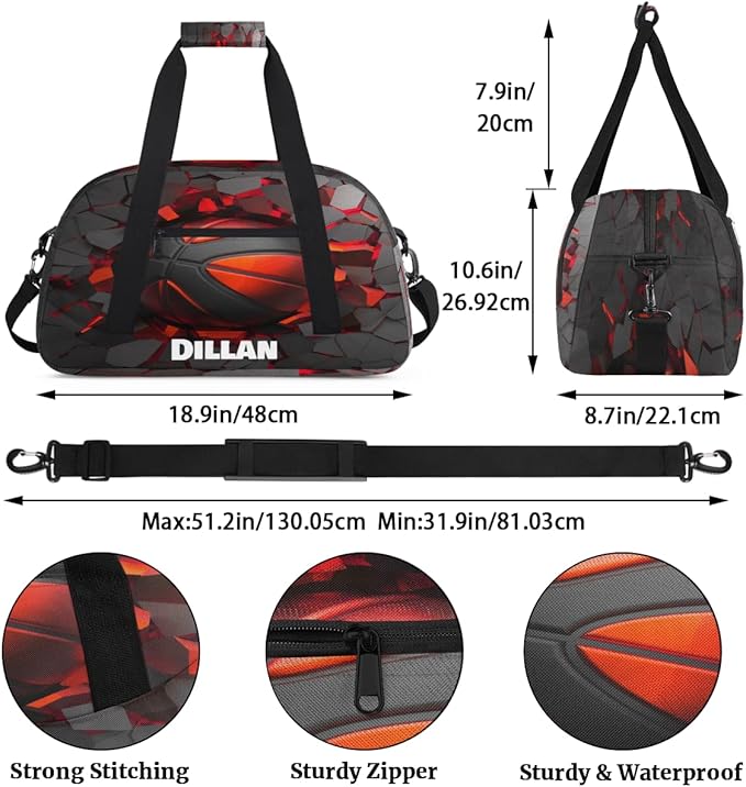 Custom Name Sports Bag for Kids Boys, Personalized Gym Duffel Fitness Travel Weekender Tote Carry-On Training Perform Bag Soccer Black Red