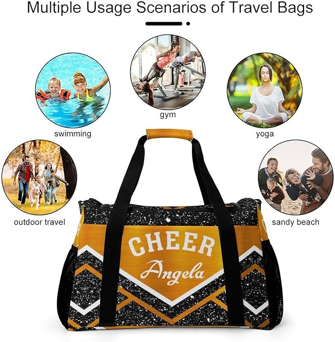 Custom Multifunctional Duffel Bag with Name Gym Bags Adjustable Shoulder Strap Travel Bag for Teens Cheerleadings Orange Black Glitter Print Casual Bag