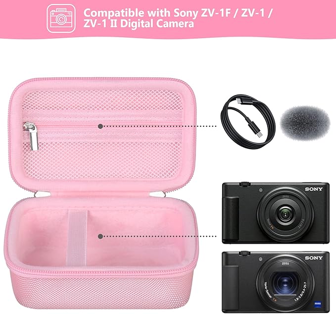 Hard Travel Case for Sony ZV-1F / ZV-1 / ZV-1 II Digital Camera, Storage Holder Travel Bag with Zipper Mesh Pocket for Battery Pack, Charging Cable, USB Card, Pink