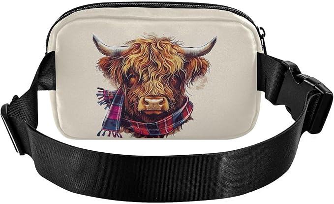 Scottish Highland Cow with Plaid Scarf Fanny Pack for Women Men Water Resistant Fashion Waist Packs with Adjustable Strap Belt Bag for Travel Workout Jogging Hiking 21218522