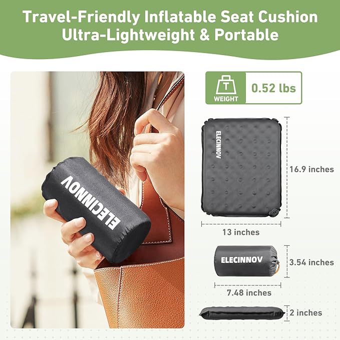Inflatable Seat Cushion, Self Inflating Memory Foam Stadium Seat Cushion Lightweight Camping Chair Pad Airplane Cushion for Long Flights Outdoor Travel Bleacher Office Car Backpacking (Grey-2pack)