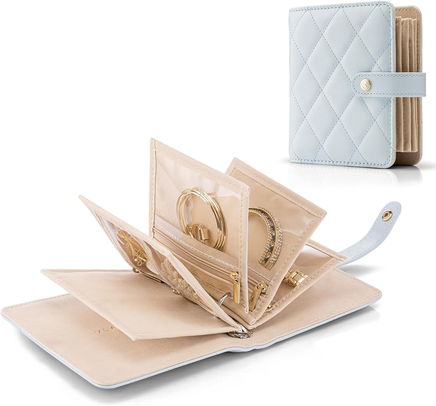 Vlando Travel Jewelry Case,Portable Jewelry Organizer Box with Clear Zipper Velvet Jewelry Pouch,Gifts for Traveler Women Girls-Baby Blue