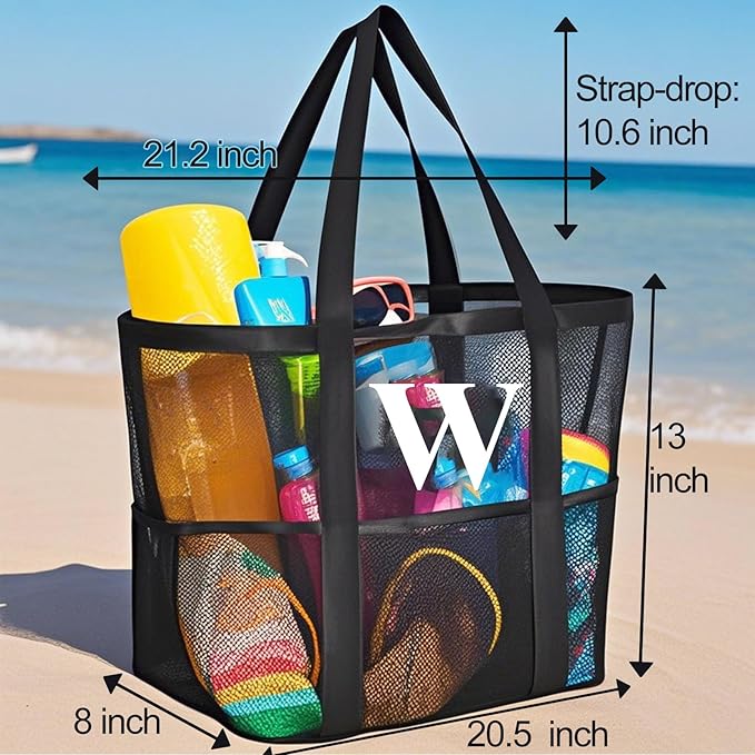 Personalized Mesh Beach Bag for Women - Waterproof Initial Tote Bag for Family Travel, Toys, Vacation Essentials