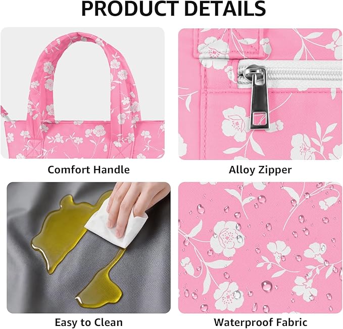 Tote Lunch Bag Women Stylish Quilted Lunch Boxes for Adult Fit and Fresh Cooler Insulated Lunchbox for Work Large 10 Liters Cute Compact Lunchbag Waterproof Pink Floral