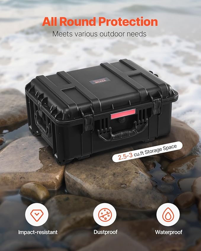 VEVOR Weatherproof Hard Case, Heavy Duty Protective Dry Box with Pre-Cut Foam, Wheels & Retractable Pull Handles for Travel, Hunt, Military, Tactical, IP67 Waterproof Case for Cameras(57x45x28)