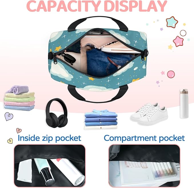 Cartoon Cloud Moon Travel Duffle Bag for Women Men, Overnight Weekender Bag, Carry on Tote for Sport Gym