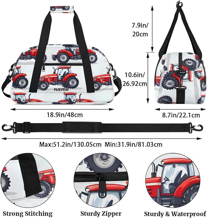 Personalized Boys Gym Bags, Custom Name Sport Bags for Training Travel Overnight Weekender，Red Tractor