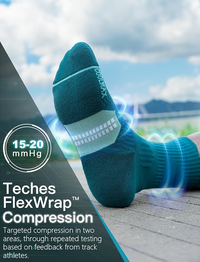 Compression Running Socks, Bamboo Viscose Coolmax Moisture-Wicking Anti-Blister Athletic Hiking Workout Gym Padded