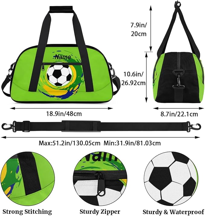 Custom Name Graffiti Soccer Green Boys Gym Travel Duffle Bag， Personalized Sports Bag for Overnight, Weekender, Carry On，18.9 * 8.7 * 10.6 in