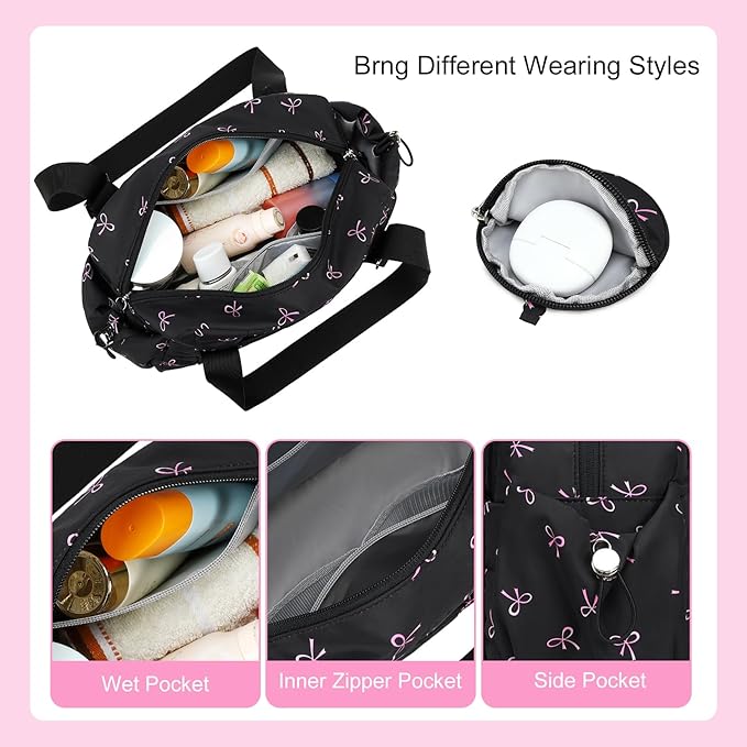 CAMTOP Mini Gym Bag for Women, Small Gym Tote Bag Puffy Quilted Sports Duffel Bag with Wet Compartment and Coin Purse Duffel Bags Dance Yoga Workout Bag for Gifts (Black Pink Bow, Mini-12.6")