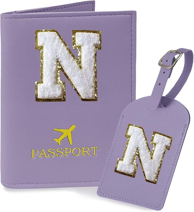 COSHAYSOO Purple Passport Cover and Luggage Tag Set TSA Approved with Her Initial Chenille Letter Patch, Trending Traveling Bag Backpack Suitcase Identifier Birthday Gifts for Women Girls (N)