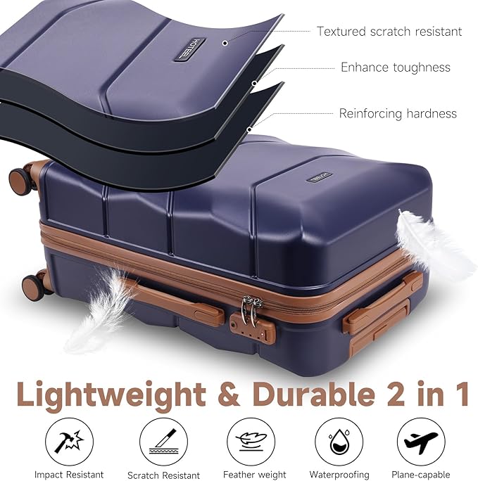 Hoteel Luggage Sets 3 Piece with Spinner Wheels TSA Lock (4-YEAR WARRANTY), Durable Carry On Suitcase Luggages, Wet-Dry Separation Compartment, ABS Hardshell for Travel, School, Dark Blue(20/24/28in)