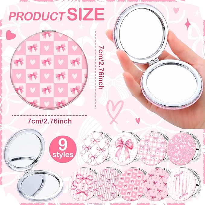 Weysat 9 Pcs Coquette Pink Bow Compact Mirrors Double Sided Magnifying Makeup Mirrors with PU Leather Case Portable Round Pocket Mirror for Women Girls for Mother's Day Travel Bathroom Wedding Gifts