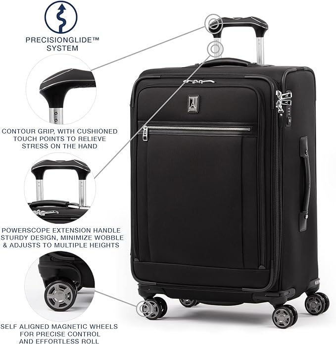 Travelpro Platinum Elite Softside Expandable Checked Luggage, 8 Wheel Spinner Suitcase, TSA Lock, Men and Women, Shadow Black, Checked Medium 25-Inch