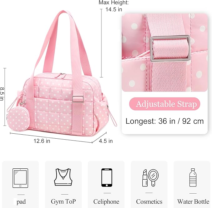CAMTOP Mini Gym Bag for Women, Small Gym Tote Bag Puffy Quilted Sports Duffel Bag with Wet Compartment and Coin Purse Duffel Bags Dance Yoga Workout Bag for Gifts (Polka Dot Pink, Mini-12.6")