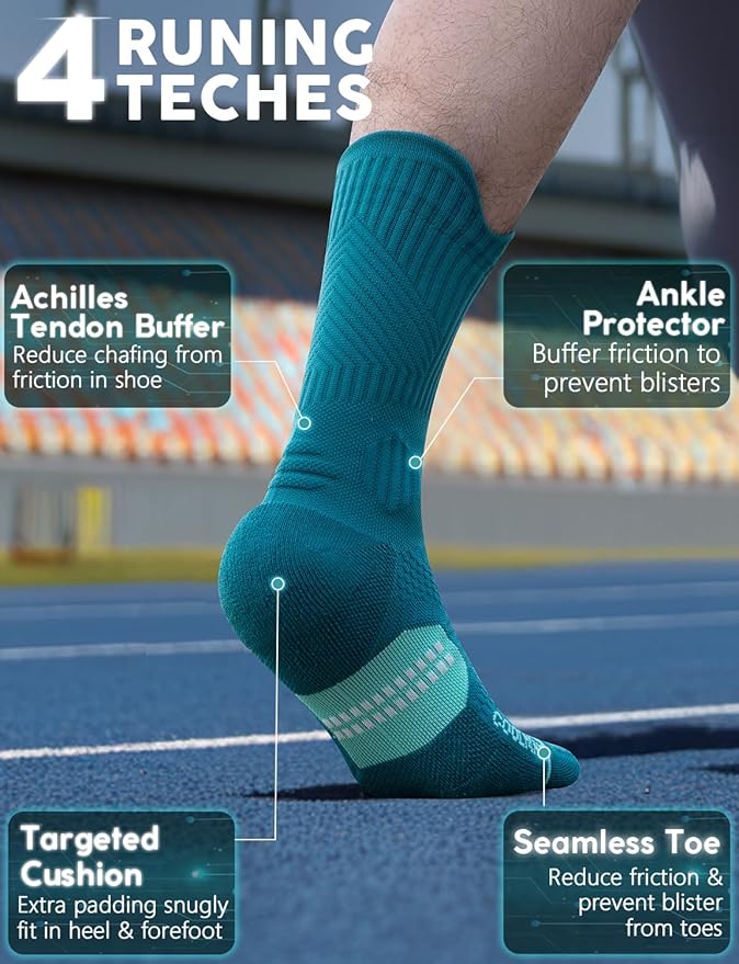 Compression Running Socks, Bamboo Viscose Coolmax Moisture-Wicking Anti-Blister Athletic Hiking Workout Gym Padded