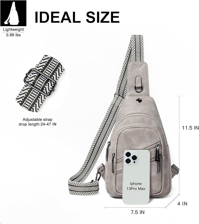 7L Crossboydy Sling Bag for Women Vegan Leather Crossbody Purse Fanny Pack Chest Bag for Travel,Light Grey