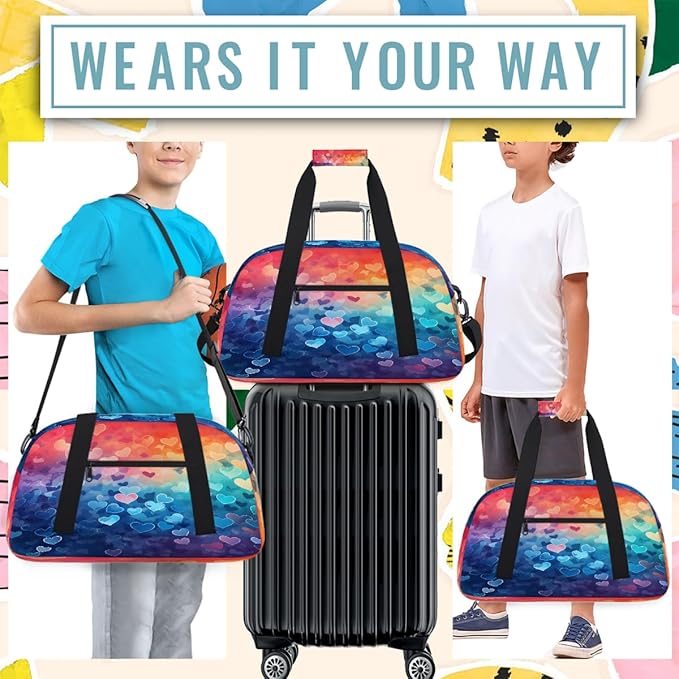Duffle Bag for Women Men, Rainbow Gradient Hearts Gym Bag for Travel Sports, Lightweight Waterproof Weekender Overnight Bags with Adjustable Strap