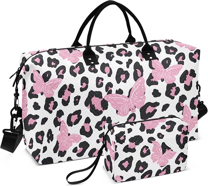 Travel Duffle Bag, Leopard Butterfly Gym Bag with Storage Bag Weekender Overnight Bag for Men Women Trip Sports Yoga
