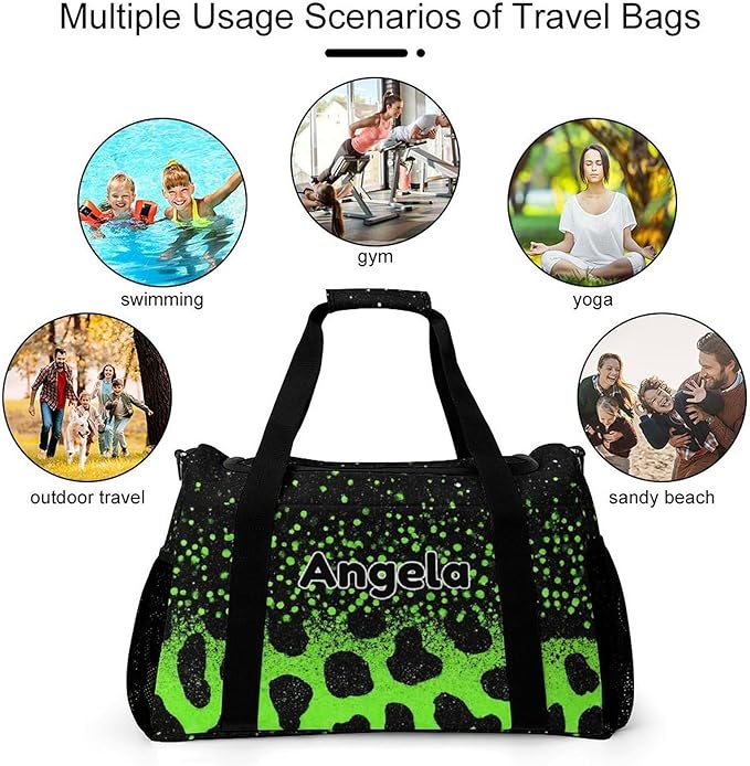 Green Leopard Bling Print Personalized Travel Bag with Name for Women Men Custom Duffel Bag Weekender Bags Sports Tote Gym Bags