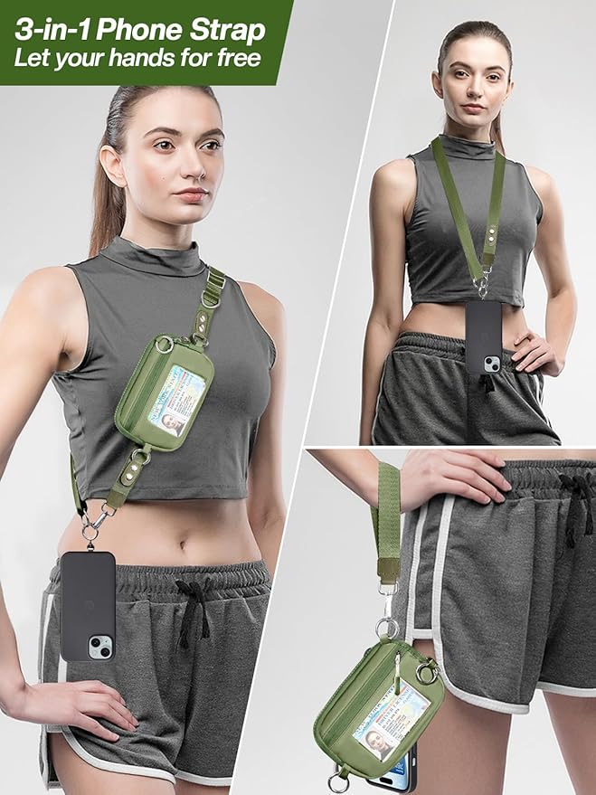 Clip and Go Strap for Phone with Wallet Crossbody Phone Lanyard Adjustable and Detachable RFID Wristlet Wallet with ID Window and Zipper, Green