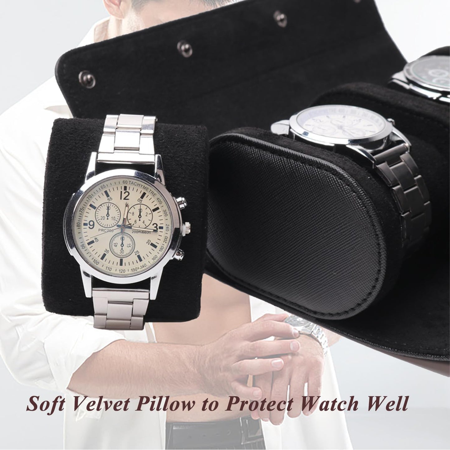 Watch Travel Case, Luxury Leather Watch Roll 2 Slot Organizer Box, Jewelry Storage Case Gifts for Man and Woman Christmas Anniversary Birthday (Black-2slot)