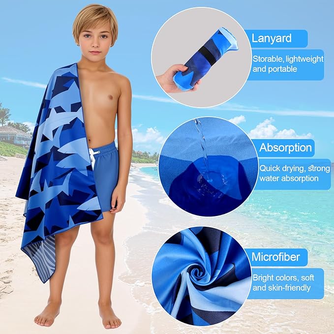 MelonBoat Large Microfiber Beach Towel: Navy Blue Shark Sand Free Beach Towel for Travel, Super Absorbent Quick Dry, Lightweight Compact for Kids Trip Vacation Beach Bath Yoga Camping Pool Swim