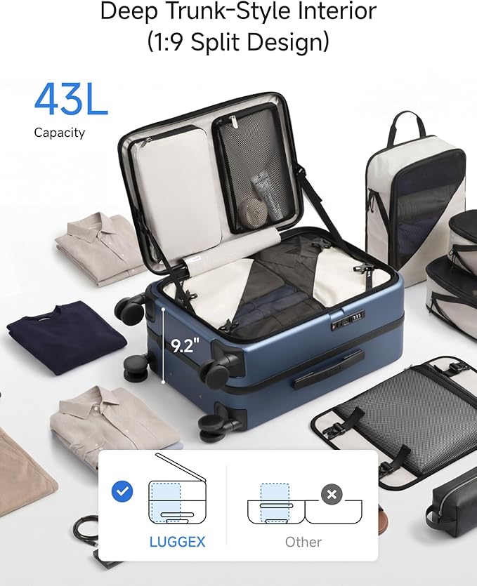 LUGGEX Carry On Luggage Top Opening, FLA Aluminum Frame Trunk Style Luggage 21 Inch, Polycarbonate Hard Shell Suitcase (FX-Enhance, Blue, 43L)
