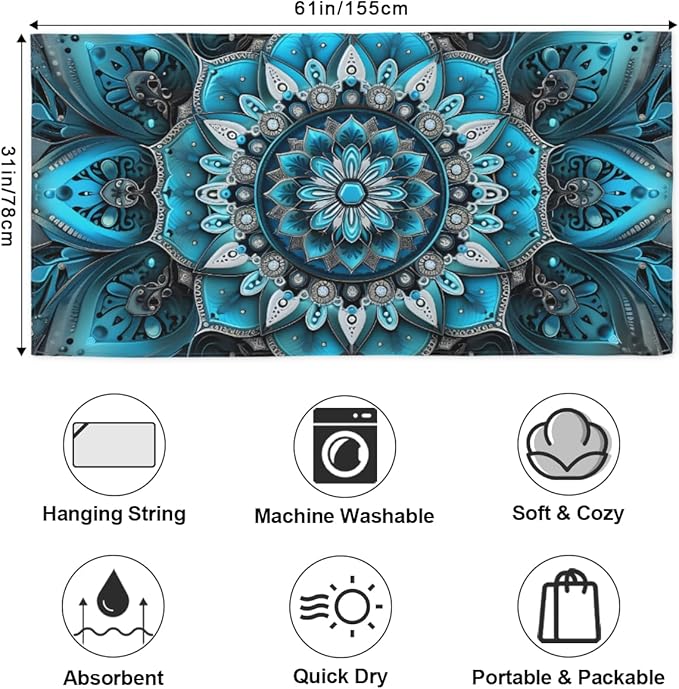 Mandala Vintage Ethnic Blue Beach Towel, Large Microfiber Quick Dry Lightweight Pool Bath Towels Sand Free Beach Blanket for Summer Cruise Yoga Camping Travel Vacation Essentials 31 x 61 in
