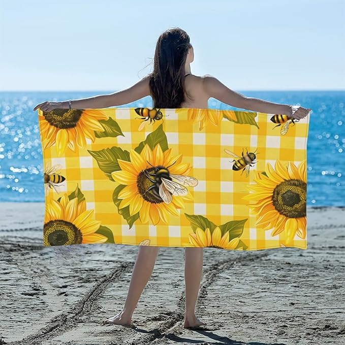 Sunflower Bee Summer Beach Towel, Large Microfiber Quick Dry Lightweight Pool Bath Towels Sand Free Beach Blanket for Summer Cruise Yoga Camping Travel Vacation Essentials 31 x 61 in