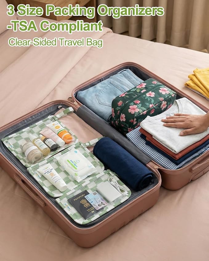 babygoal Clear Travel Organizer Bags 3 Pack, TSA Approved Mess-Proof Pouches with Snap Handle, Water-Resistant Toiletry Essentials for Baby & Mom (Green Plaid)