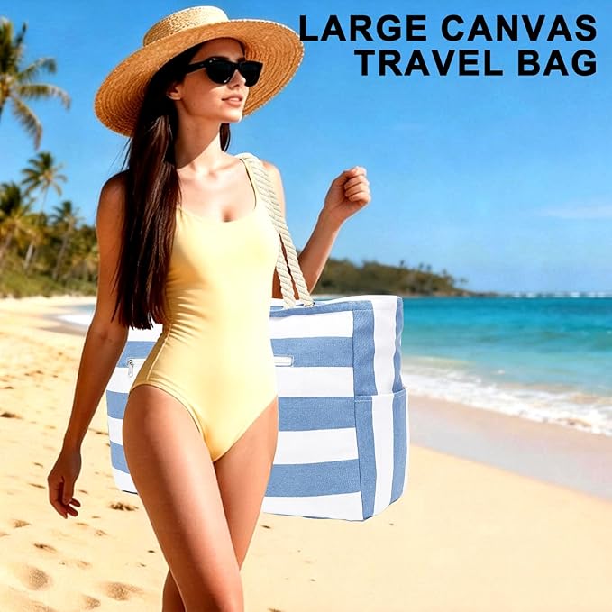 Large Canvas Beach Bag for Women, Beach Bags Waterproof Sandproof with Zipper & Wet Bag Cruise Essentials