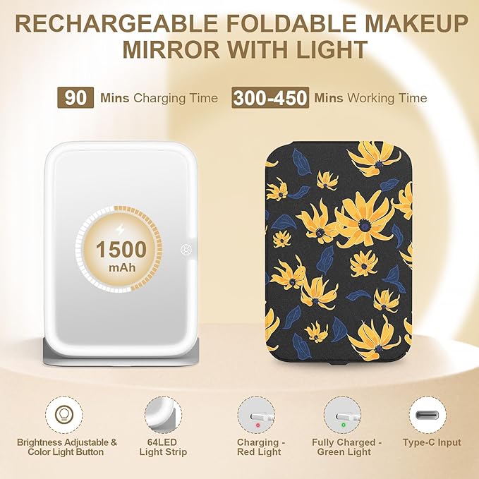 Mocado Travel Makeup Mirro with Lights, 360° Rotation Lighted Makeup Mirror, Portable Mirror with 10x Magnification, 60LEDs 3 Color Lightings, Dimmable Touch Screen, Tabletop Light up(Daisy)
