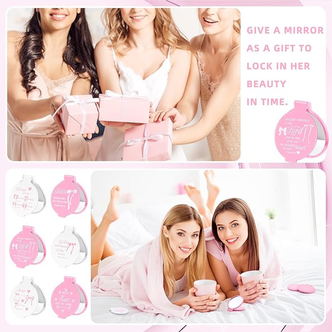 Namalu 36 Pcs Pink Bow Coquette Mini Bible Verse Compact Mirrors Inspirational Christian Wedding Gifts Bulk Women Travel Round Pocket Makeup Mirror Religious Gift for Purse Church Party Favors