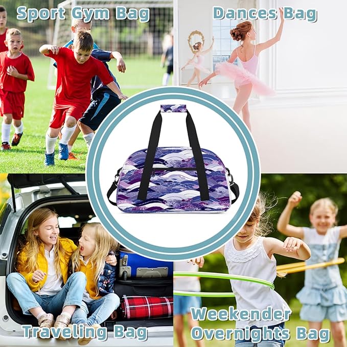 Duffle Bag for Women Men, Purple Wave Flower Texture Gym Bag for Travel Sports, Lightweight Waterproof Weekender Overnight Bags with Adjustable Strap