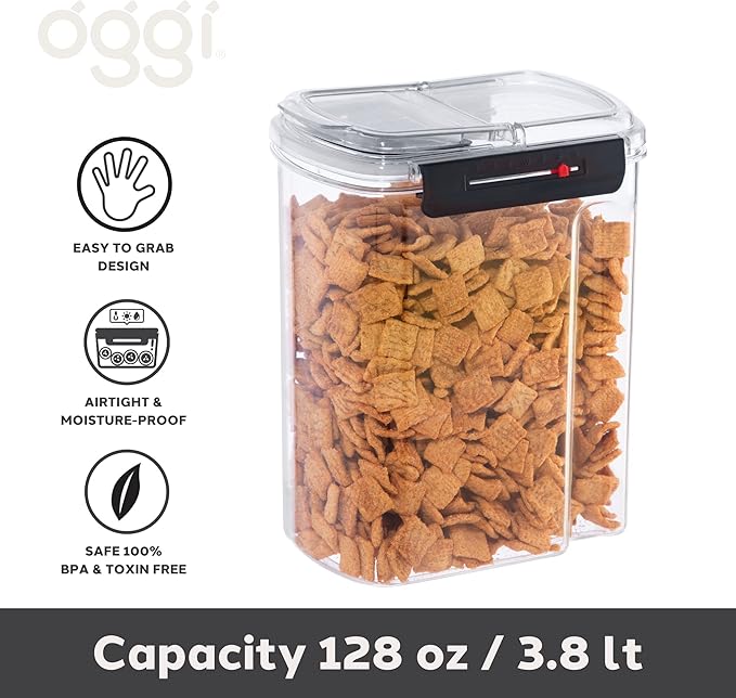 Oggi Easi Grip 128oz Moisture Proof Storage Container, Ultra Clear BPA-Free Sealable Canister, Flip Open Pouring Lid, Date Reminder Slider on Clip, Ideal Kitchen and Pantry Storage (128oz / 3.8lt)