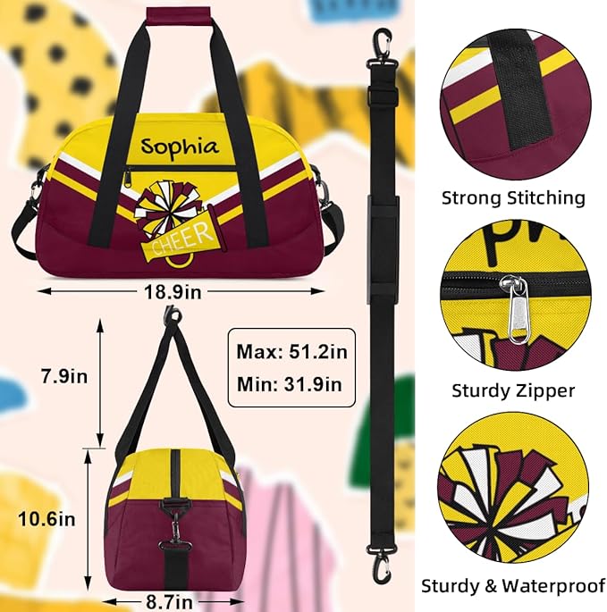 Personalized Gold Maroon Cheer Bag for Cheerleaders, Custom Sport Gym Bag Dance Bag Travel Duffle Bag Cheerleading Gifts for Women