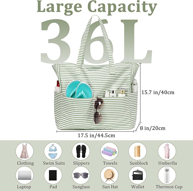 LEDAOU Large Beach Bag Women Waterproof Sandproof Zipper Beach Tote Pool Bag for Swim Gym Grocery Travel with Wet Pocket | Waterproof, Sandproof, Zipper, Pool, Gym, Grocery