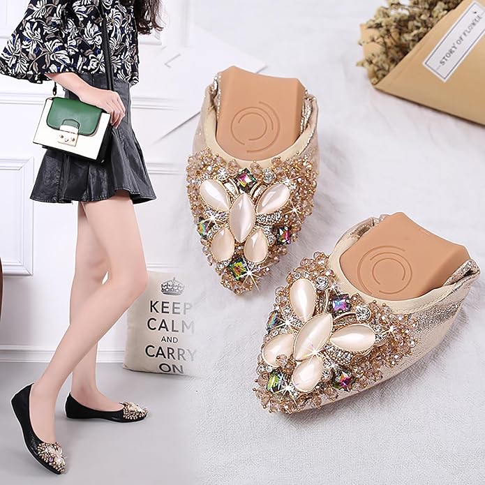 Women Ballet Flats Sparkly Rhinestone Wedding Ballerina Shoes Pointed Toe Foldable Comfort Slip on Flat Dress Shoes