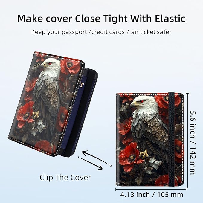 Passport Holder for Travel, RFID Blocking Passport Holder Travel Walle, Passport and Vaccine Card Holder, Vacation Must Haves Travel Accessories for Men Women, Eagle Red Flower