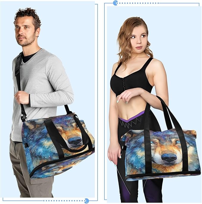 Travel Duffel Bags for Women Cosmic Wolf Portrait Print Sports Duffel Bags Gym Bags with Shoes Compartment Tote Bag Weekender Bag for Travelling