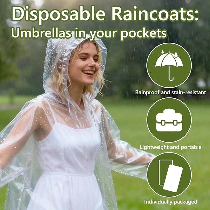 Disposable Rain Ponchos - Rain Poncho Waterproof Clear Raincoat With Hood Rain Jacket for Women and Men, Camping, Travel