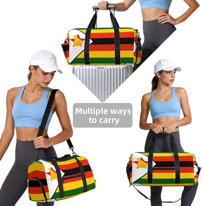 Flag of Zimbabwe Print Gym Bag with Shoe Compartment for Women Men, 17.7in Sports Duffle Weekender Tote, Overnight Travel Duffel Bag Carry On