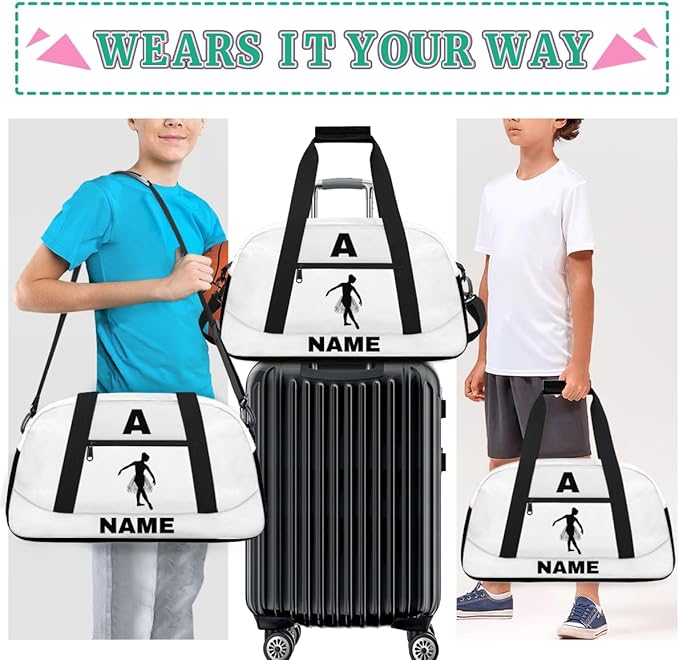 Personalize-Kids-Sports-Duffel-Bags With Custom Name Text Carry-On Overnight Travel Gym Lightweight Dance Pattern Sports Bags For Girls Boys Kids,White