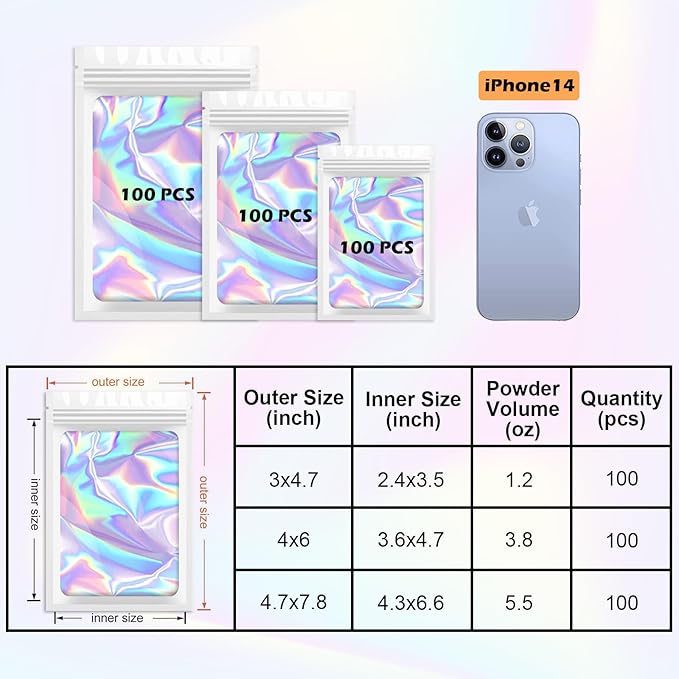 300 Pcs Holographic Mylar Bags, 3 Sizes, Smell Proof, Airtight, Reusable, Layered Construction, Zipper Closure, White