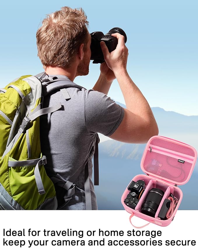 RAIACE Hard Case Compatible with Sony Alpha 7 II III IV/7R V Camera, for Nikon, for Canon, for Pentax and More. Mesh Pocket for Charger, Cables, Cards and Accessories. (case only) - Pink