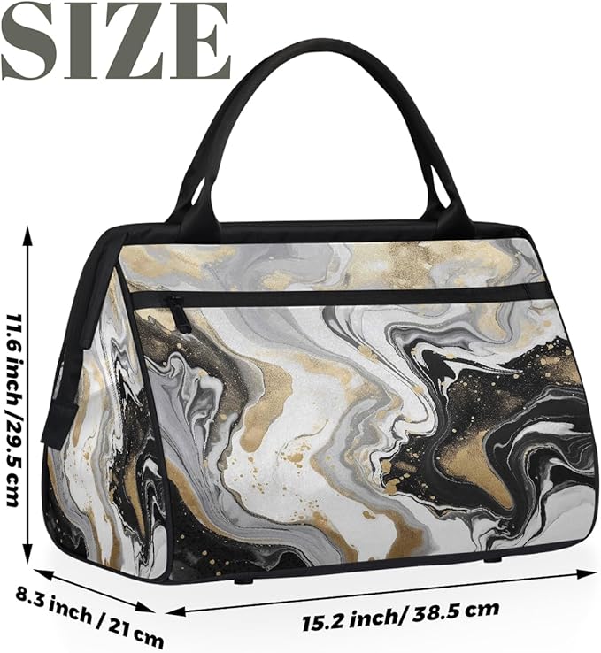 White Golden Black Marble Print Travel Duffel Bag, Waterproof Sports Gym Duffle Bag, Large Capacity Weekender Carry On Overnight Bags for Women Men