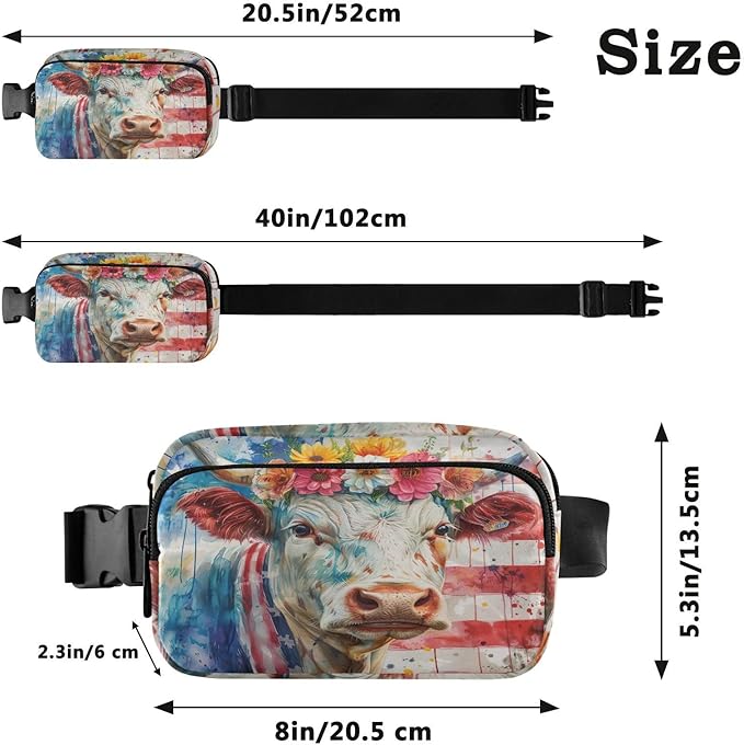 American Flag Cow with Floral Crown Fanny Pack for Women Men Water Resistant Fashion Waist Packs with Adjustable Strap Belt Bag for Travel Workout Jogging Hiking 21220215