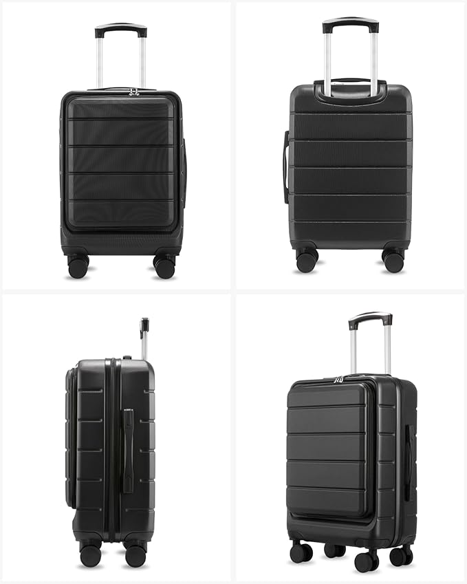 Carry On Luggage 22 x 14 x 9 Airline Approved, H1F Front Pocket Hardside Suitcase with Spinner Wheels, TSA Lock, Includes Tote Bag (FX-Lite, Black, 3 Piece Sets)