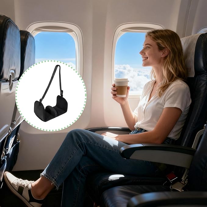 Airplane Foot Hammock with Memory Foam, Portable Plane Leg Rest, Adjustable Height up to 31 in, Travel Foot Rest for Airplane Flights, Black Oxford Fabric